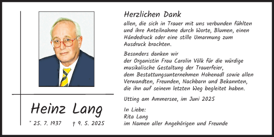 Traueranzeige von Heinz Lang von Landsberger Tagblatt