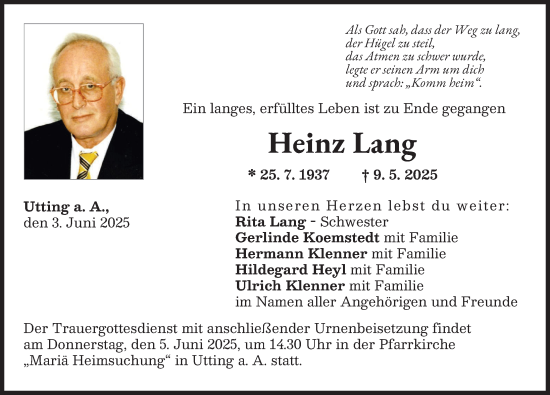 Traueranzeige von Heinz Lang von Landsberger Tagblatt