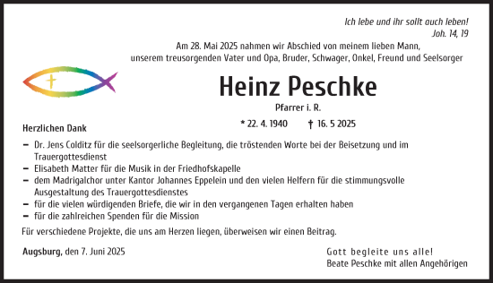Traueranzeige von Heinz Peschke von Augsburger Allgemeine