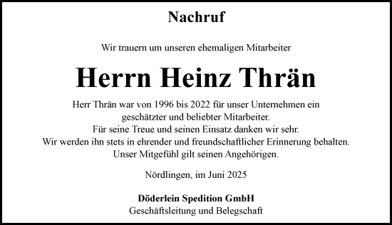 Traueranzeige von Heinz Thrän von Rieser Nachrichten