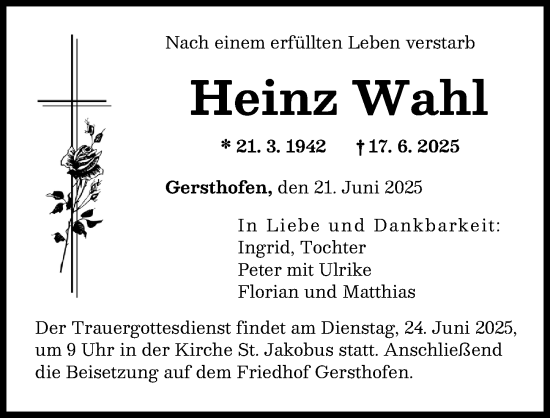 Traueranzeige von Heinz Wahl von Augsburger Allgemeine