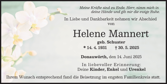 Traueranzeige von Helene Mannert von Donauwörther Zeitung