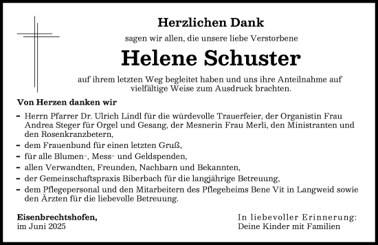 Traueranzeige von Helene Schuster von Augsburg-Land