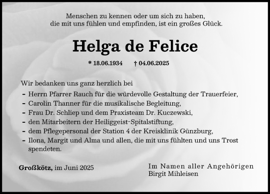 Traueranzeige von Helga de Felice von Günzburger Zeitung