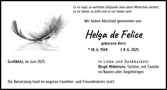 Traueranzeige von Helga de Felice von Günzburger Zeitung