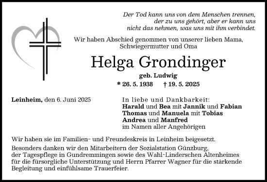 Traueranzeige von Helga Grondinger von Günzburger Zeitung