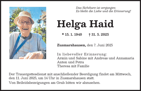 Traueranzeige von Helga Haid von Augsburg-Land