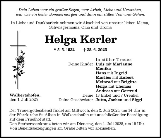 Traueranzeige von Helga Kerler von Schwabmünchner Allgemeine