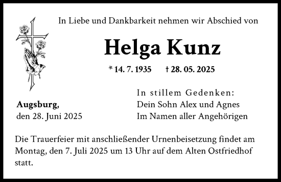 Traueranzeige von Helga Kunz von Augsburger Allgemeine