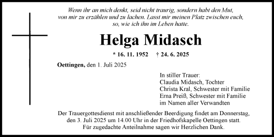 Traueranzeige von Helga Midasch von Rieser Nachrichten