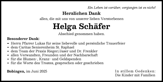 Traueranzeige von Helga Schäfer von Schwabmünchner Allgemeine