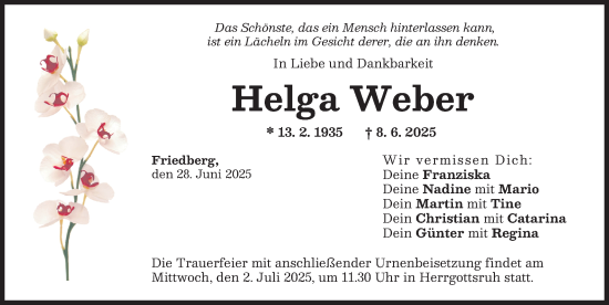 Traueranzeige von Helga Weber von Friedberger Allgemeine