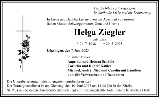 Traueranzeige von Helga Ziegler von Rieser Nachrichten