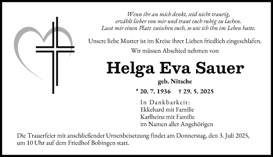Traueranzeige von Helga Eva Sauer von Augsburger Allgemeine