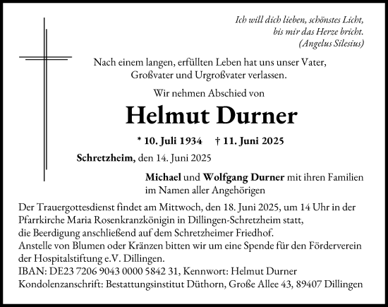 Traueranzeige von Helmut Durner von Donau Zeitung