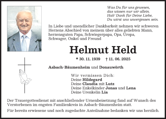 Traueranzeige von Helmut Held von Donauwörther Zeitung