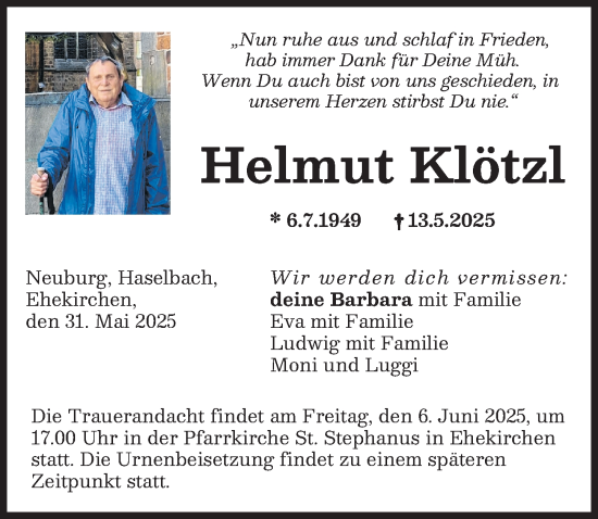 Traueranzeige von Helmut Klötzl von Neuburger Rundschau
