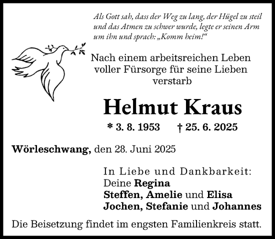 Traueranzeige von Helmut Kraus von Augsburg-Land