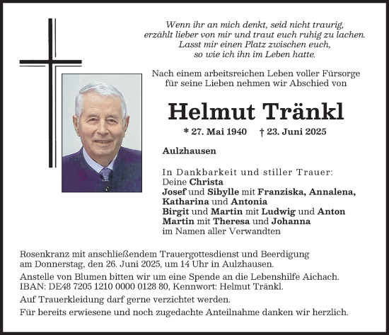 Traueranzeige von Helmut Tränkl von Aichacher Nachrichten, Friedberger Allgemeine