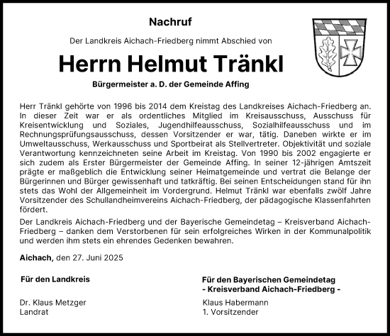 Traueranzeige von Helmut Tränkl von Aichacher Nachrichten, Friedberger Allgemeine