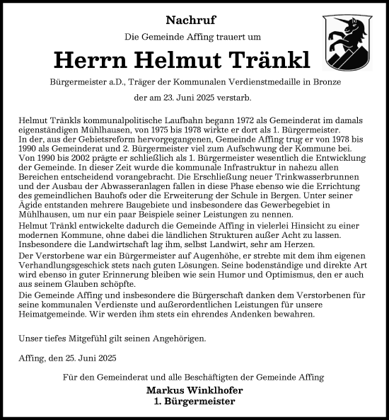 Traueranzeige von Helmut Tränkl von Aichacher Nachrichten, Friedberger Allgemeine