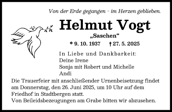 Traueranzeige von Helmut Vogt von Augsburger Allgemeine