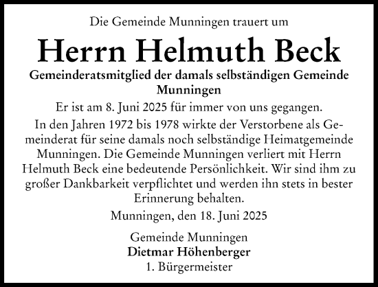 Traueranzeige von Helmuth Beck von Rieser Nachrichten
