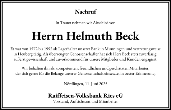 Traueranzeige von Helmuth Beck von Rieser Nachrichten
