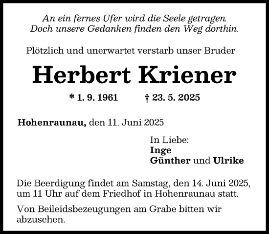 Traueranzeige von Herbert Kriener von Mittelschwäbische Nachrichten