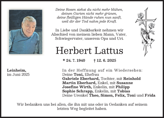 Traueranzeige von Herbert Lattus von Günzburger Zeitung