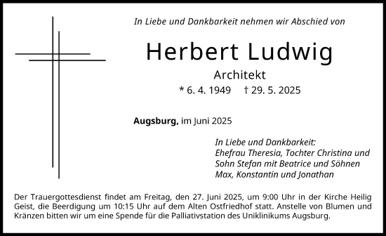 Traueranzeige von Herbert Ludwig von Augsburger Allgemeine