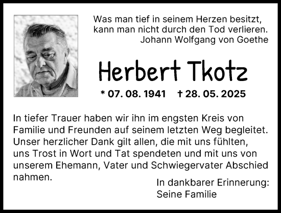 Traueranzeige von Herbert Tkotz von Augsburger Allgemeine