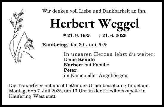 Traueranzeige von Herbert Weggel von Landsberger Tagblatt