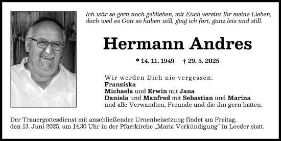 Traueranzeige von Hermann Andres von Landsberger Tagblatt