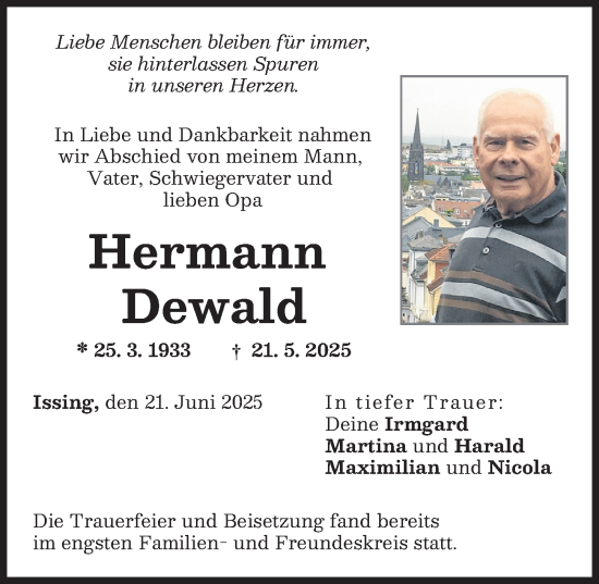Traueranzeige von Hermann Dewald von Landsberger Tagblatt