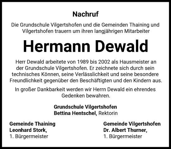Traueranzeige von Hermann Dewald von Landsberger Tagblatt