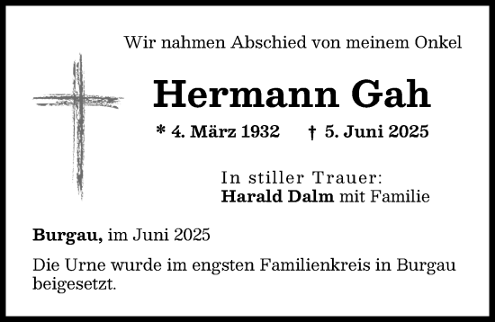 Traueranzeige von Hermann Gah von Günzburger Zeitung