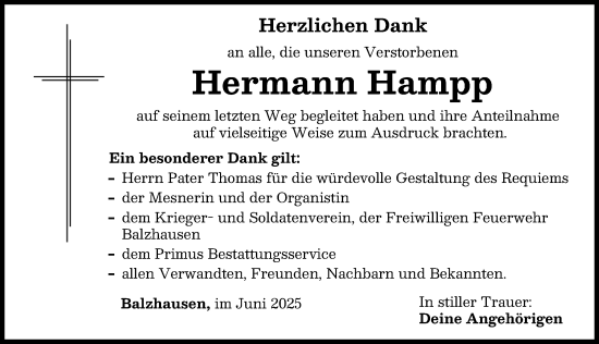 Traueranzeige von Hermann Hampp von Mittelschwäbische Nachrichten