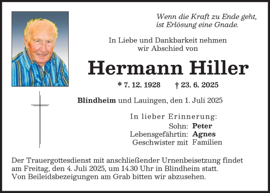 Traueranzeige von Hermann Hiller von Donau Zeitung