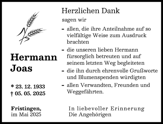 Traueranzeige von Hermann Joas von Donau Zeitung