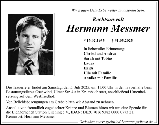 Traueranzeige von Hermann Messmer von Mittelschwäbische Nachrichten