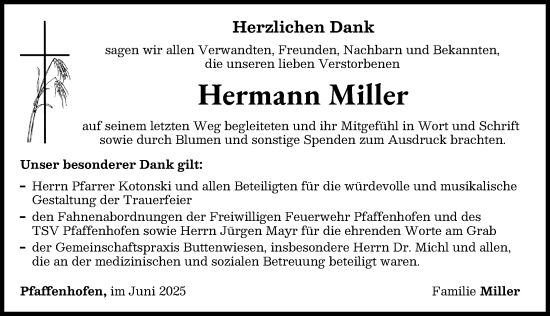 Traueranzeige von Hermann Miller von Wertinger Zeitung