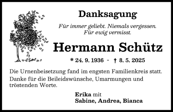 Traueranzeige von Hermann Schütz von Neu-Ulmer Zeitung