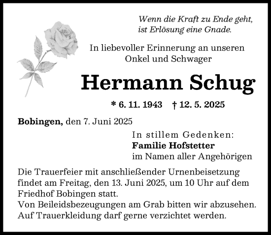 Traueranzeige von Hermann Schug von Schwabmünchner Allgemeine