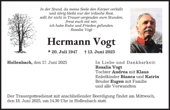 Traueranzeige von Hermann Vogt von Neuburger Rundschau