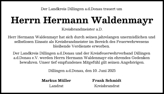 Traueranzeige von Hermann Waldenmayr von Donau Zeitung