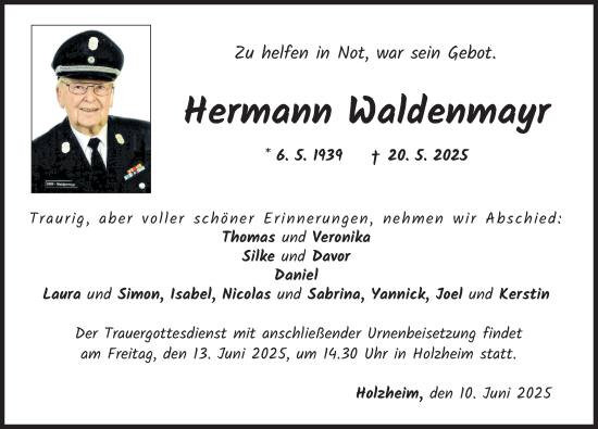 Traueranzeige von Hermann Waldenmayr von Donau Zeitung