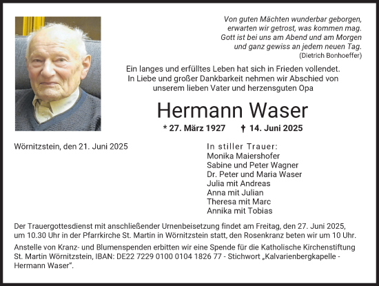 Traueranzeige von Hermann Waser von Donauwörther Zeitung