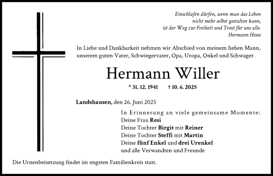 Traueranzeige von Hermann Willer von Donau Zeitung
