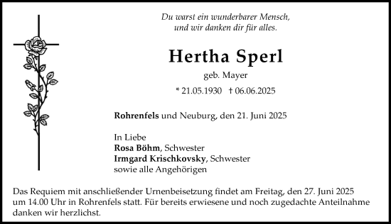 Traueranzeige von Hertha Sperl von Neuburger Rundschau